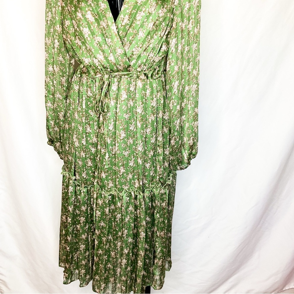 Polin et Moi Green Floral Pleated Midi Dress Tie Waste Large